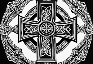 Celtic cross, shamrock in center of cross, one Indian feather hanging from each side arm of cross tattoo idea