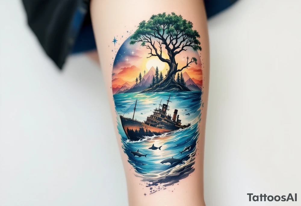 tattoo that has an acacia tree with forest mountains, ocean with a ship wreck with sharks and the bright northern star tattoo idea