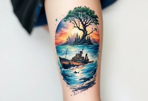 tattoo that has an acacia tree with forest mountains, ocean with a ship wreck with sharks and the bright northern star tattoo idea