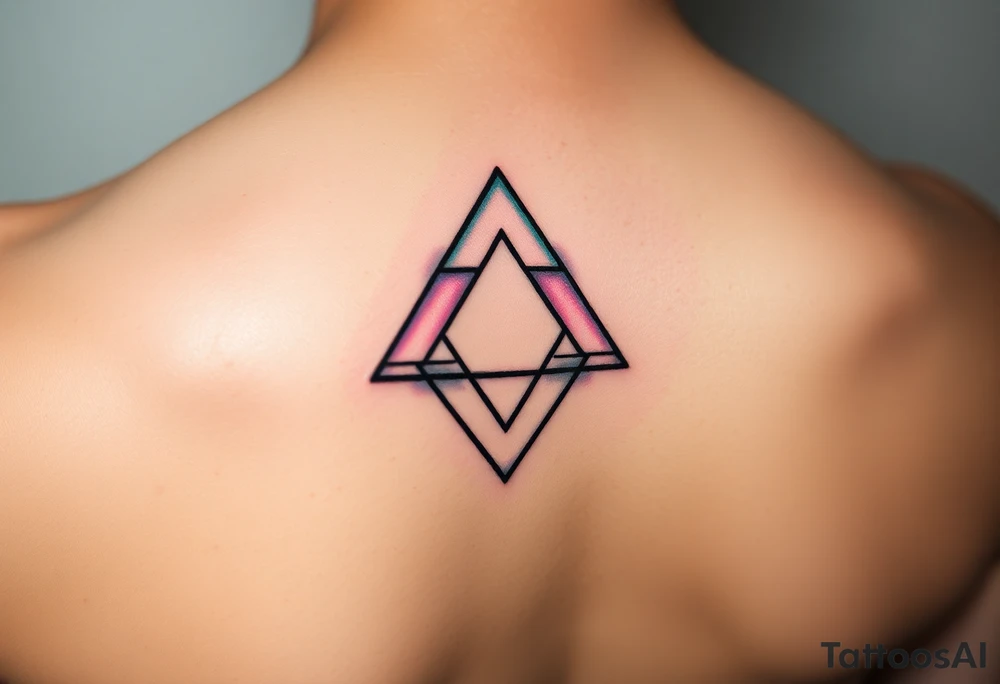 A fine line tattoo design on skin. An impossible Penrose triangle constructed from a faceted diamond cut structure. The facets of the diamond structure contain holographic, iridescent psychedelic gradients of purple, turquoise, and neon pink colors. Minimalist style, precise geometric lines, sacred geometry vibes, micro realism tattoo.
I want it to be gentle and small on the hand tattoo idea