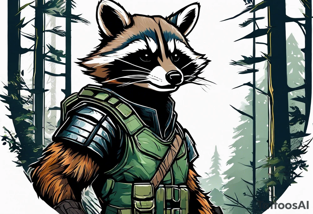 rocket raccoon in a defensive position in a forest tattoo idea