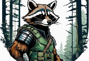 rocket raccoon in a defensive position in a forest tattoo idea