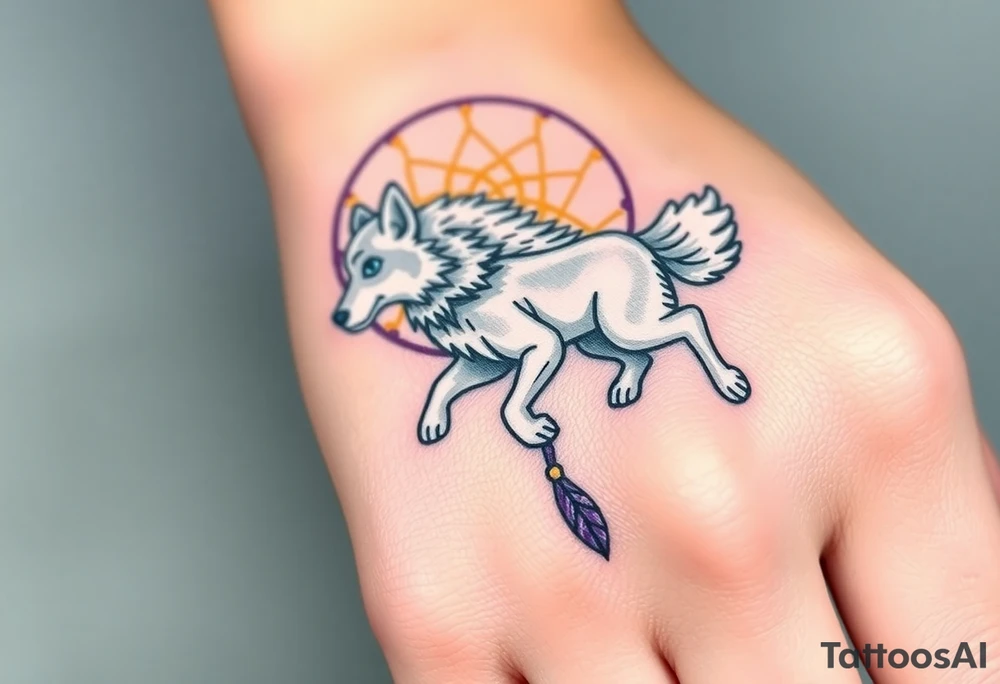 A wolf running through a dreamcatcher, with dreamcatcher threads trailing behind it, giving a sense of movement. The wolf is painted in silver and white, and the threads are in golden yellow and purple. tattoo idea