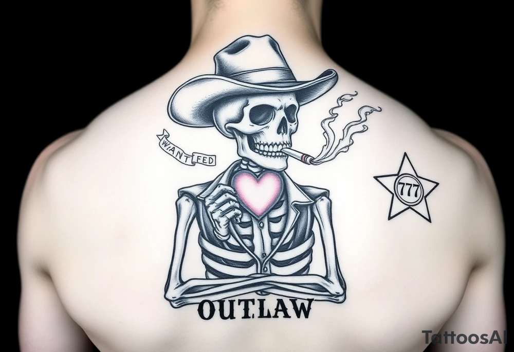 I have a skeleton cowboy smoking a cigarette with smoke that shapes into a heart. It says “wanted” above it and “outlaw” under it. I’d like a 777 slot and a sheriff badge in the background tattoo idea