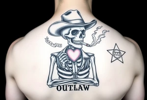 I have a skeleton cowboy smoking a cigarette with smoke that shapes into a heart. It says “wanted” above it and “outlaw” under it. I’d like a 777 slot and a sheriff badge in the background tattoo idea
