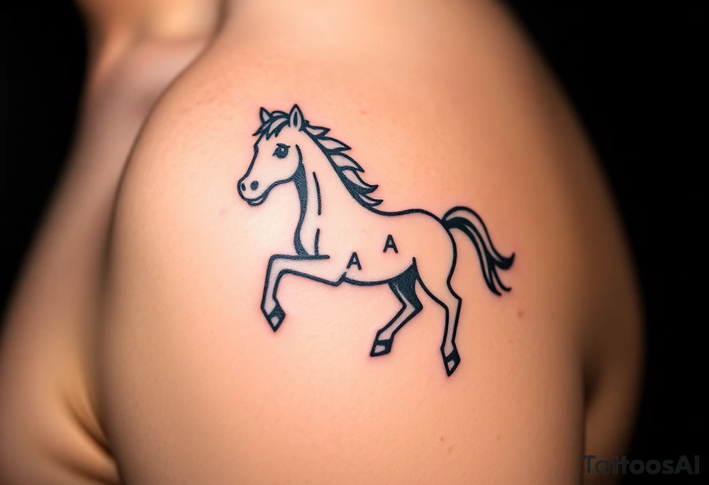 horse silhouette 
from the front which gallops from the front, with the 3 small letters discreetly integrated: L, A, M tattoo idea