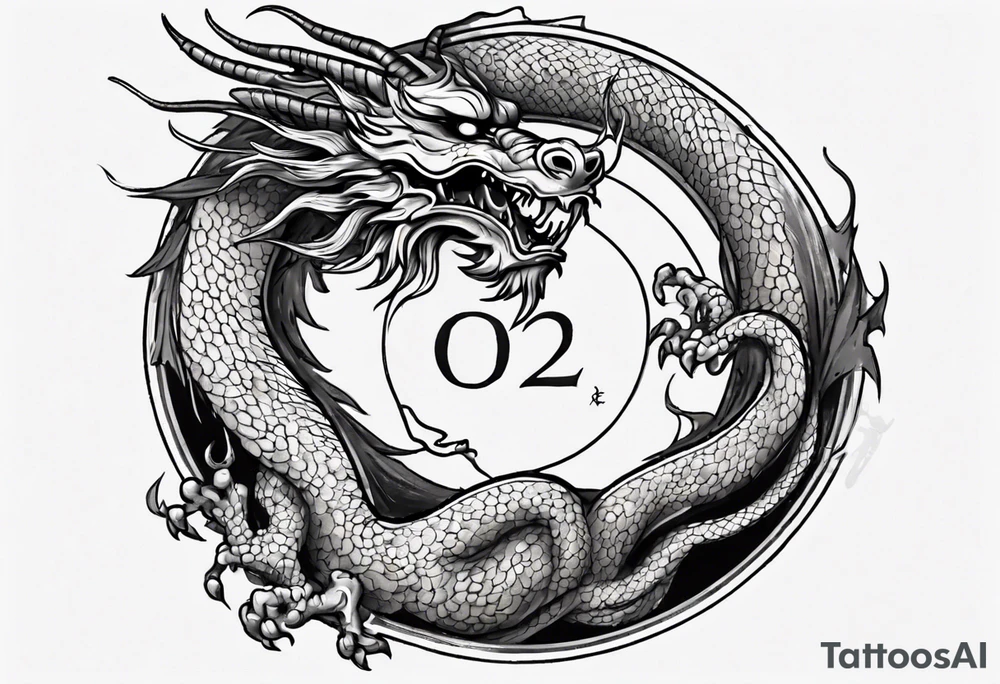Chinese dragon in a circular shape with "02.03" written on its skin tattoo idea