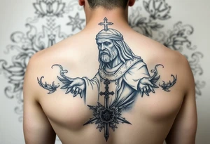 San judas realistic and smoke background tattoo idea