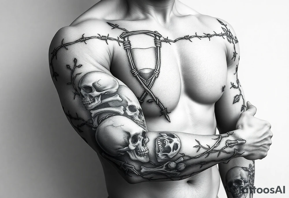 barbed wire hourglass bad luck vines bones skulls reaper a large text of 사랑은 아프다 tattoo idea