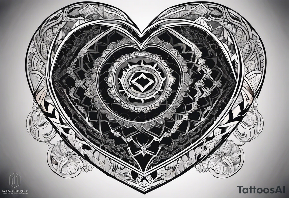 black hexagon heart with black background tattoo idea