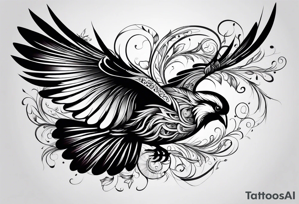 bird swirls tattoo idea
