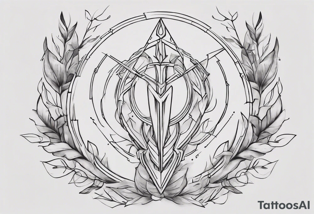 Create a small tattoo with Athena's spear and shield using geometric lines and shapes. Play with symmetry and abstraction to create a visually striking composition. Add vines gracefully intertwining at a central point in the middle of the wreath.
The intended placement is on the upper chest. The overall design should be small in size while maintaining a delicate and artistic aesthetic. Pay attention to the graceful flow of the vines and the placement of the irises to achieve a refined and elegant look. tattoo idea