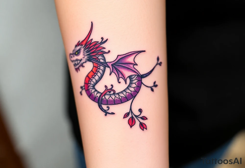 A bracelet wrapped around the arm dragon with purple and red tones, feathers and vines tattoo idea