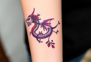 A bracelet wrapped around the arm dragon with purple and red tones, feathers and vines tattoo idea