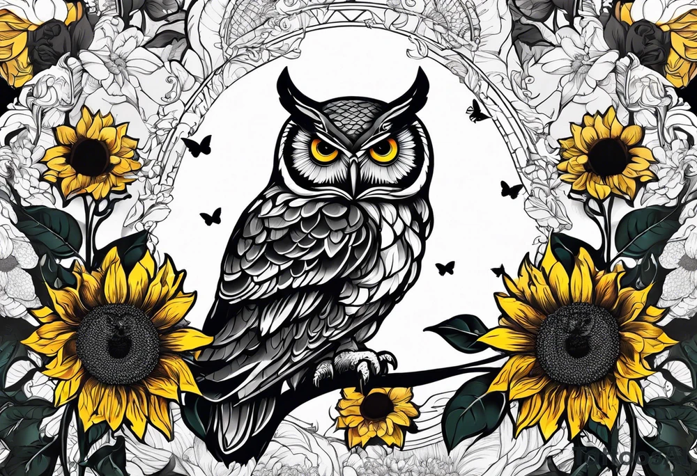 Arm sleeve with an owl surrounded by sunflowers with a butterfly on the sunflower tattoo idea