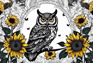 Arm sleeve with an owl surrounded by sunflowers with a butterfly on the sunflower tattoo idea