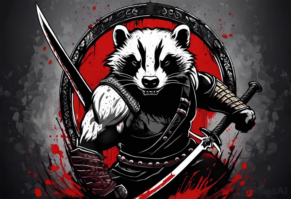 Draw me psychopath Honey Badger/Berserker with aggressive full body, killer face with a scary smile, very long nails and he attacks like a Bloody Assassin/Warrior/Gladiator to us and also, he has very deadly looking. He fights with his nails only. Everybody scares after their first sight. Give me horror type Badger Tattoo. I want to see his Realistic full body with no weapons. You can show destruction at the back. tattoo idea