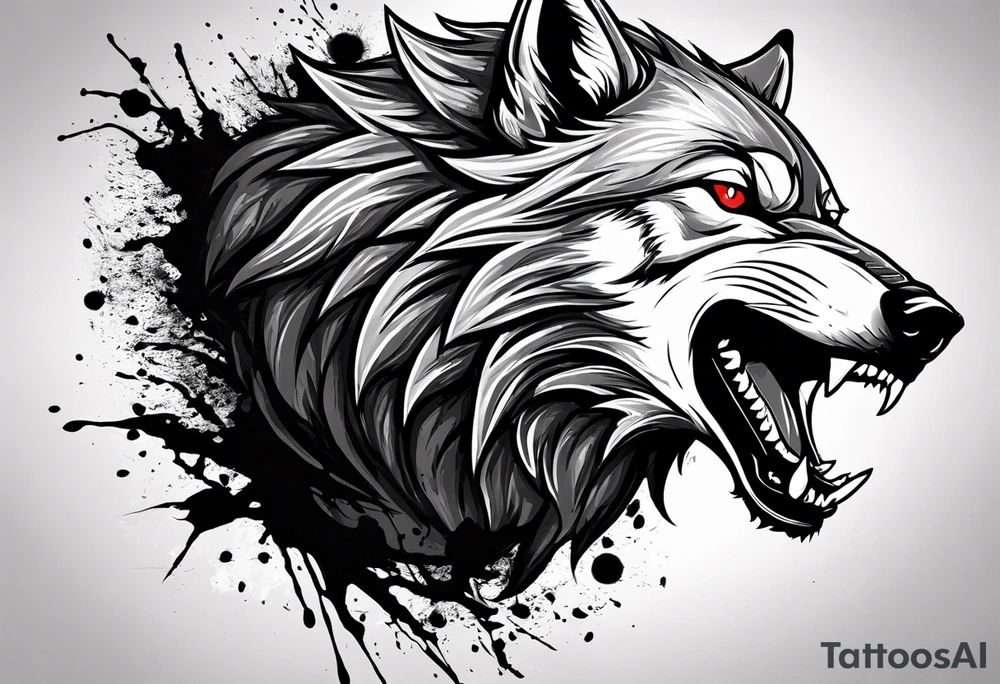 Create aggressive WOLF, with some blood coming out of his mouth and saliva. BLOOD IN THE BACKGROUND. Make it a drawing and use the image of reference. I am going to add. I want HIM TO BE ANGRY WITH RED EYES use VICIOUS WOLF THATS ANGRY tattoo idea