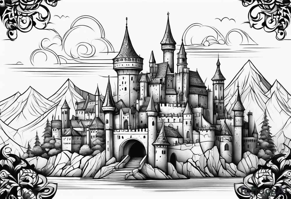 medieval tribal city land vignette tattoo idea