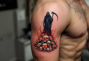 A black-and-gray Reaper with deep green eyes standing atop a pile of glowing red skull tattoo idea