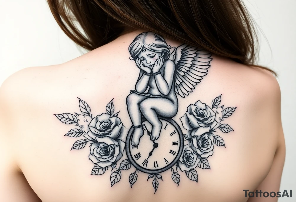 Crying angel handcuffed sitting on clock sorrouded by roses tattoo idea