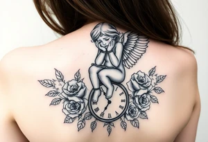 Crying angel handcuffed sitting on clock sorrouded by roses tattoo idea