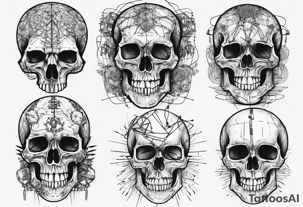 Skull covered in wires tattoo idea