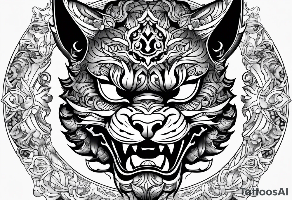 Half oni face mask,  half cat tattoo idea