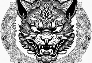 Half oni face mask,  half cat tattoo idea