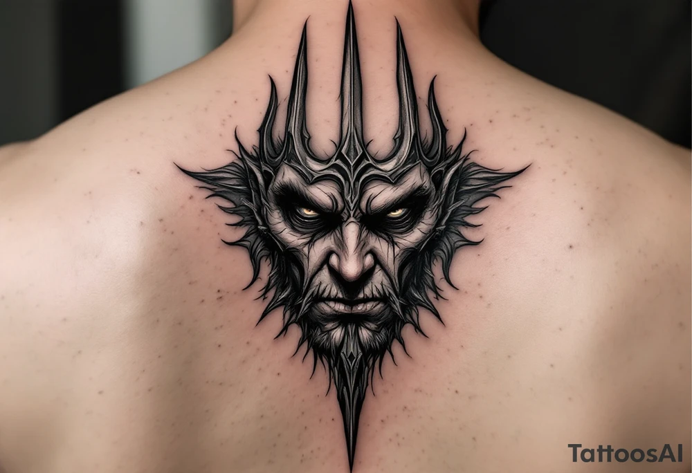 mad man face behind trident tattoo idea