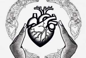 Heart and brain in line art, held down by a woman's hand holding them by string tattoo idea