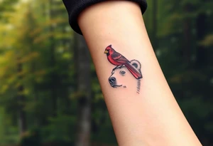 Cardinal sitting on a bear’s nose. The bear looks happy. Forest background tattoo idea