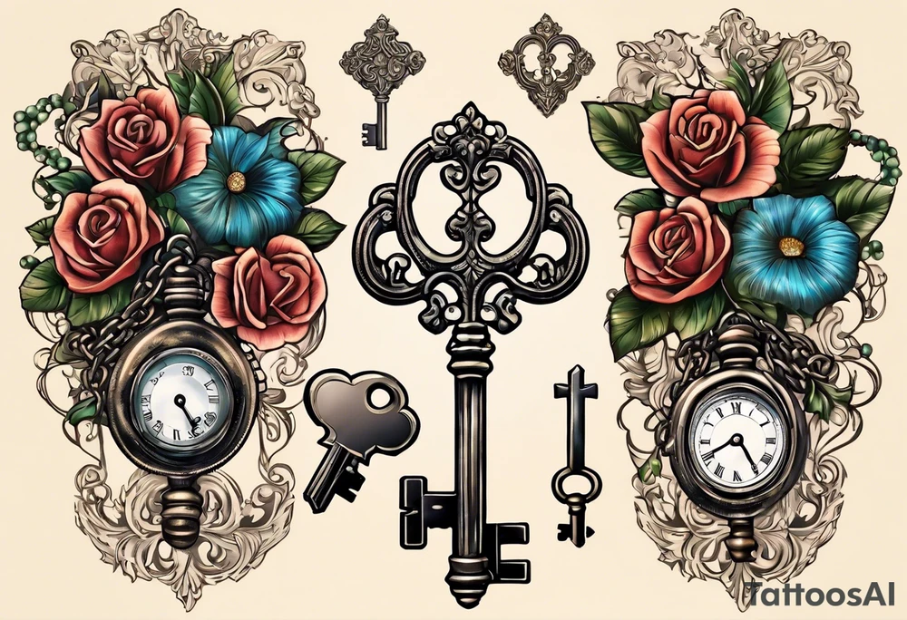 couple tattoos of an old antique key and locket set. locket on her. the key is on him. tattoo idea