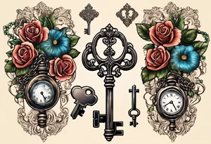 couple tattoos of an old antique key and locket set. locket on her. the key is on him. tattoo idea