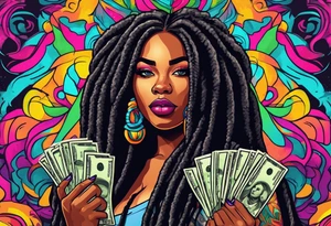 beautiful thick black women with long straight dreadlocks, new school style, holding piles of money, colorful, neon, bright, streetwear, streetstyle, urban tattoo idea