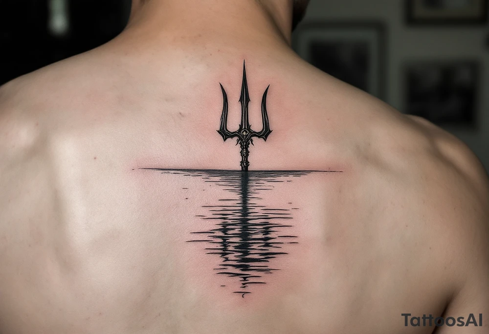 trident half way under calm water tattoo idea