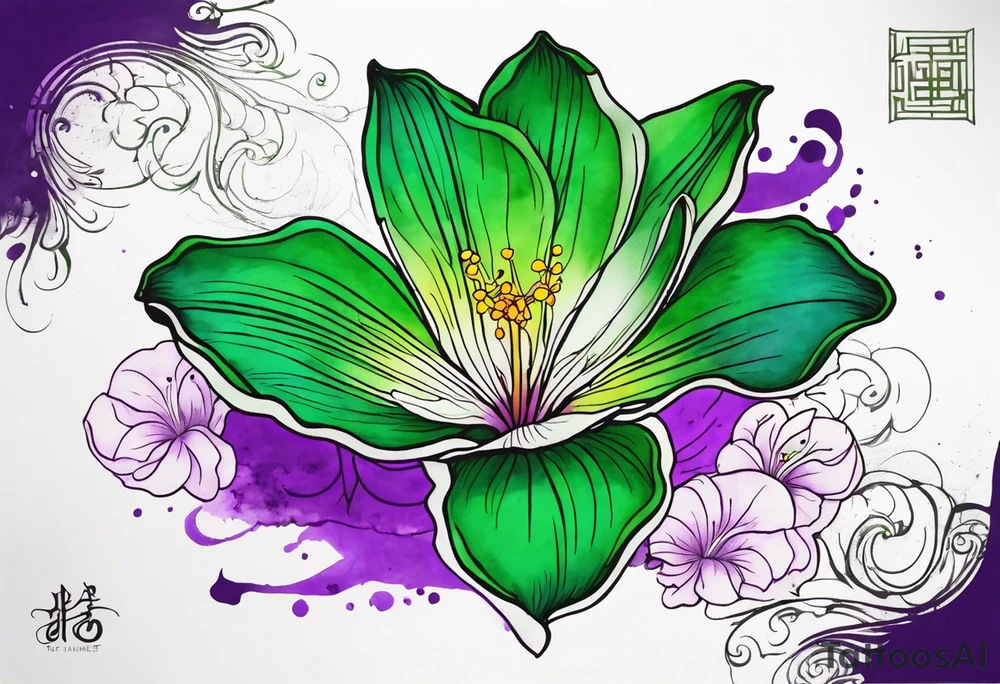 An outline of a rio dipladenia flower with a mystical green/purple watercolor splash in the background tattoo idea