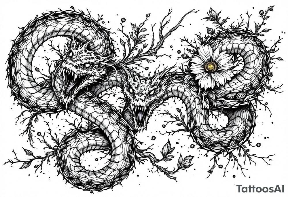 scary snakes with flowers tattoo idea