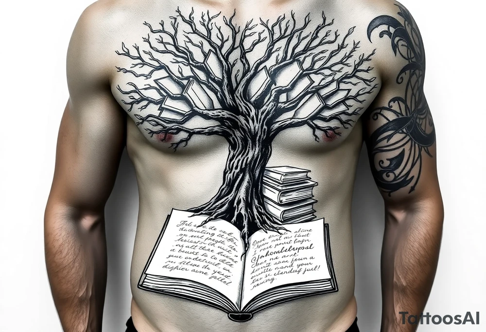 Dark 
tree of knowledge with books connected as roots stacked up and an open journal with beautiful cursive writing at tattoo idea