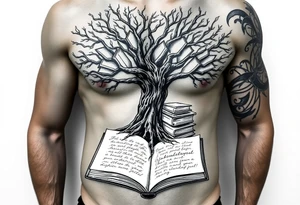 Dark 
tree of knowledge with books connected as roots stacked up and an open journal with beautiful cursive writing at tattoo idea