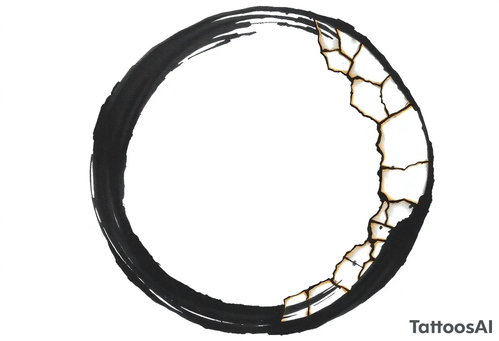 A Japanese‑inspired tattoo of a thick Zen ensō circle, drawn with a bold, hand‑painted black ink brushstroke. The circle is imperfect and organic, with visible texture and subtle variation in line thickness. About the last quarter of the circle, near the top‑right, transforms into a cracked ceramic segment that has been repaired using kintsugi: visible broken pieces outlined and joined by thin, flowing gold lines. The gold seams follow the natural fractures of the ceramic section, creating several branching cracks rather than a single line, clearly distinguishing this repaired portion from the rest of the smooth ink circle. The transition from ink to ceramic should feel natural, as if the painted circle solidifies into a fragile object that has been lovingly mended. Keep the interior of the circle empty, with a clean white background and no extra symbols or text. Design it as a black and gray tattoo with a subtle metallic gold effect on the kintsugi seams, suitable for a medium‑sized placement on the back of the bicep. tattoo idea