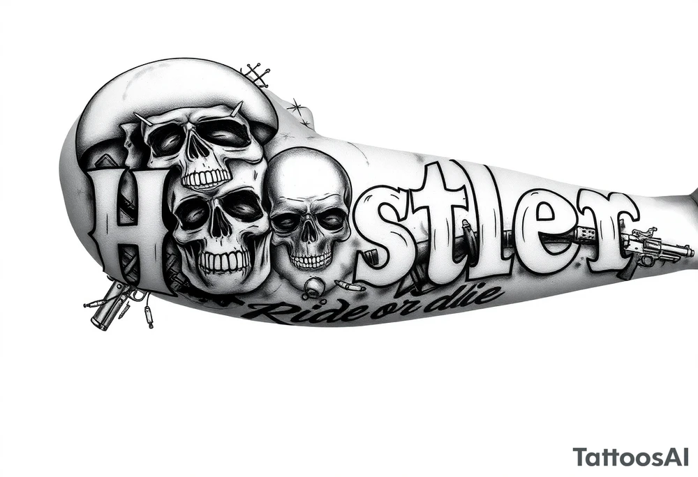 The word "hustler" with dead skulls Hispanic cholas drugs and guns with abstract shades and the name Candice in it with the phrase ride or die filling up a part tattoo idea