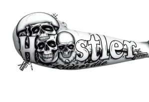 The word "hustler" with dead skulls Hispanic cholas drugs and guns with abstract shades and the name Candice in it with the phrase ride or die filling up a part tattoo idea