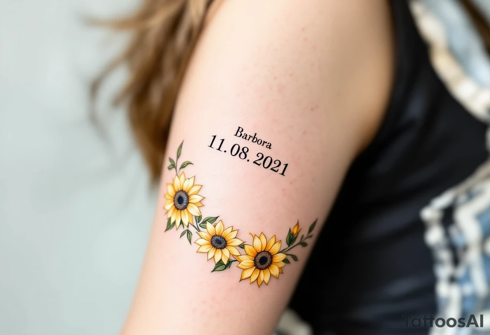Barbora 11. 08. 2021) – Soft yellow sunflowers blooming around Barbora’s birthdate, with green vines and a light blue sky background. tattoo idea