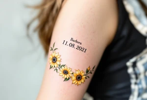 Barbora 11. 08. 2021) – Soft yellow sunflowers blooming around Barbora’s birthdate, with green vines and a light blue sky background. tattoo idea