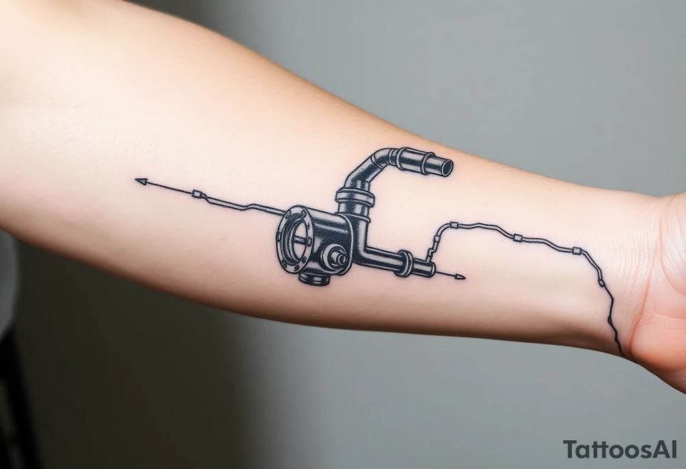 long System of pipes that transitions and transforms into veins of forearm. Top pipe starts closer to the elbow tattoo idea