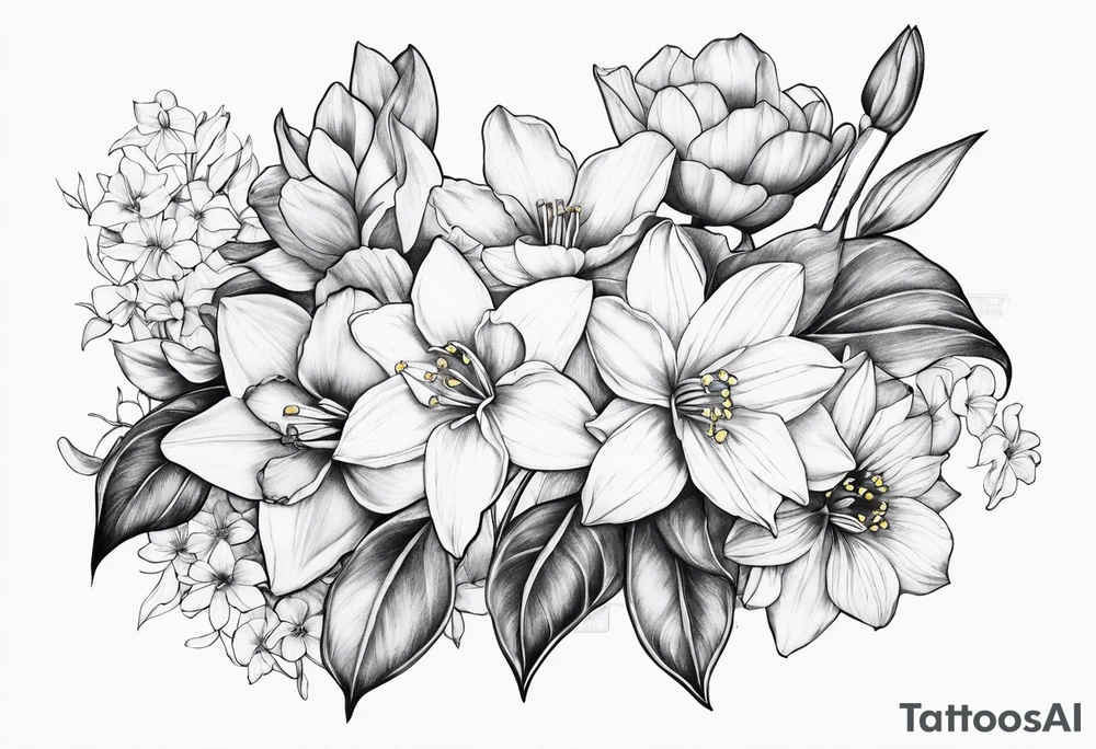 Dainty Bouquet daffodils water lilies and morning glories tattoo idea