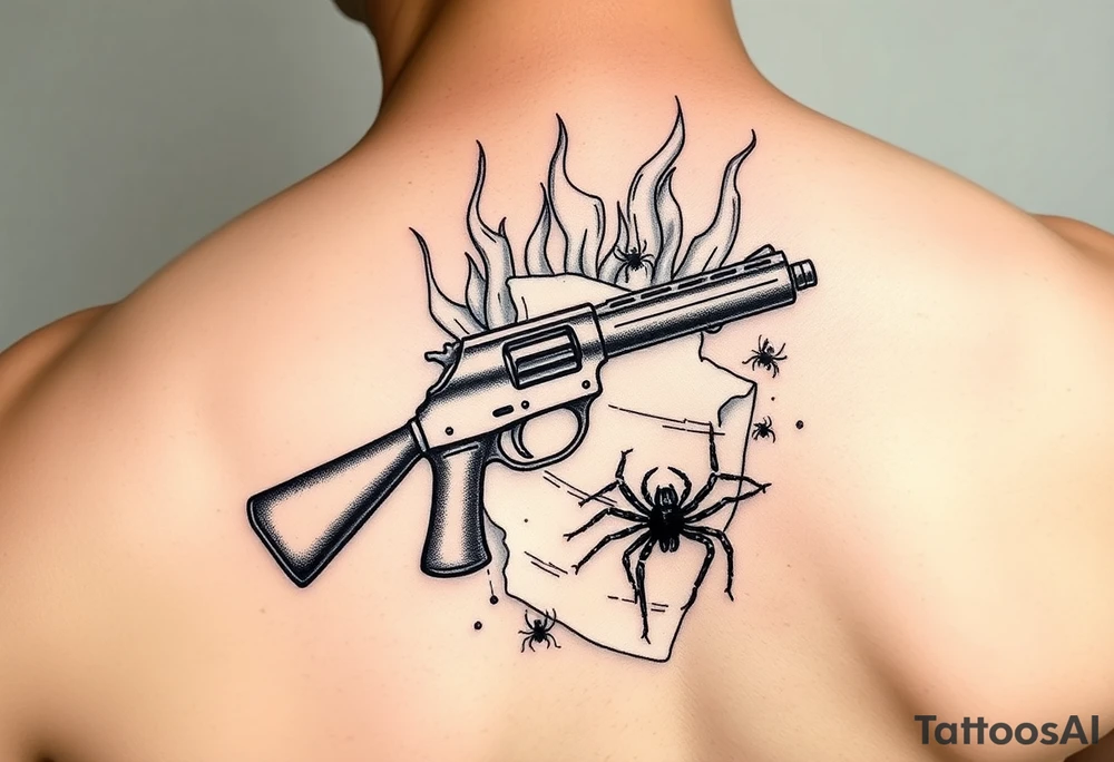 A Tommy gun and burning paper with spiders tattoo idea