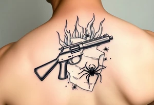 A Tommy gun and burning paper with spiders tattoo idea