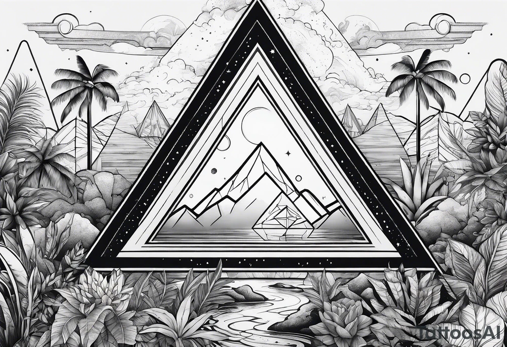 thick line art of space and jungle in triangle shape tattoo idea